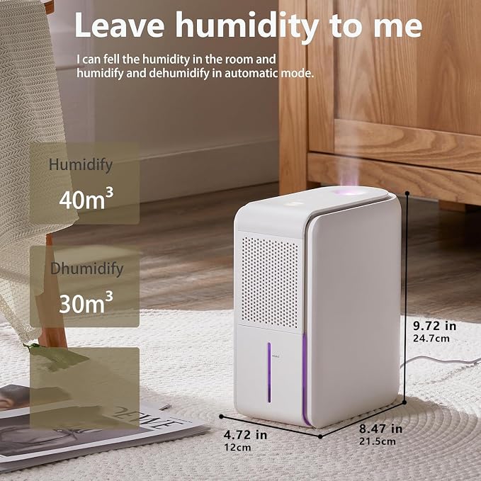 3 in 1 Dehumidifier, Humidifier & Aroma Diffuser with Air Combo One - 39Oz, Small Auto Purifier Humidity Control Quiet 27db Multifuctional Colorful Mist,for Bedroom/Bathroom/Bome/Basement(350 sq.ft)