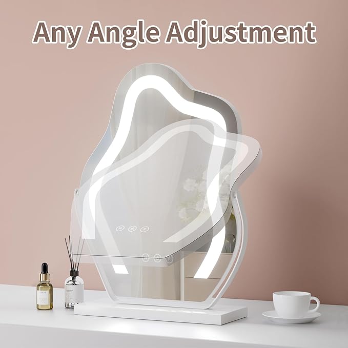 Makeup Mirror with Lights - 17″ Cloud Shaped Smart Touch 3-Color Dimmable 360° Rotation Memory Metal Frame Plug-in AC Power Tabletop Vanity Mirror Gift for Women Teen Girls White