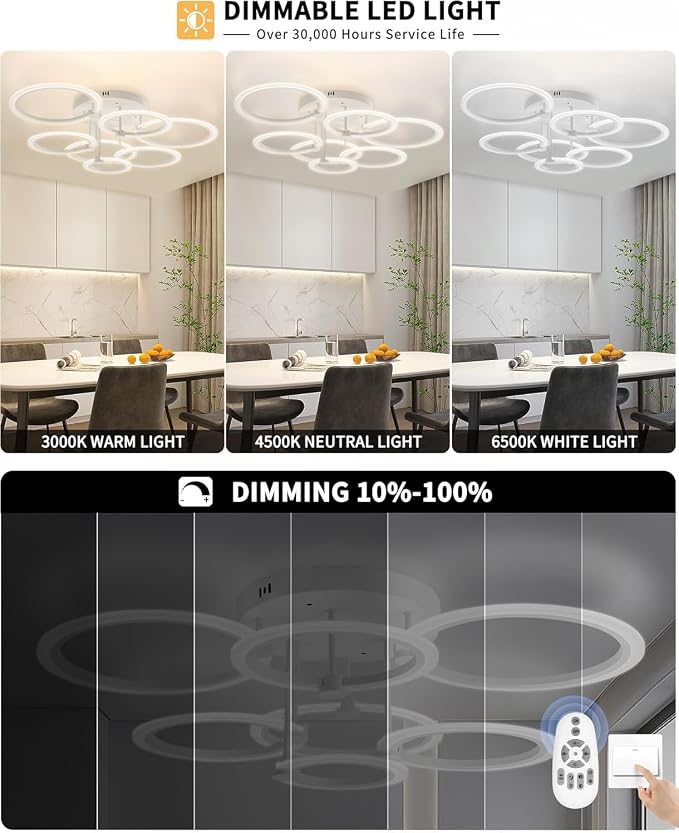 Smart LED Ceiling Light, 7-Ring Modern Flush Mount Fixture, 130W Dimmable