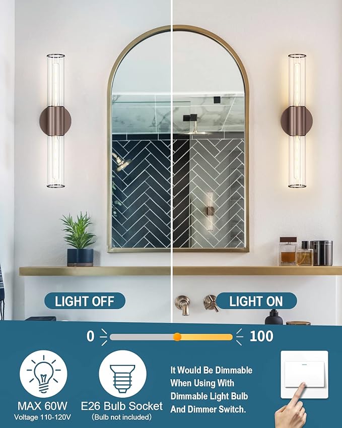 Bathroom Vanity Light Fixture, 2-Light Oil Rubbed Bronze Wall Sconce Lighting Fixture with Clear Glass, Indoor E26 Socket Wall Lamp for Mirror Living Room Hallway(Bulb Not Included)