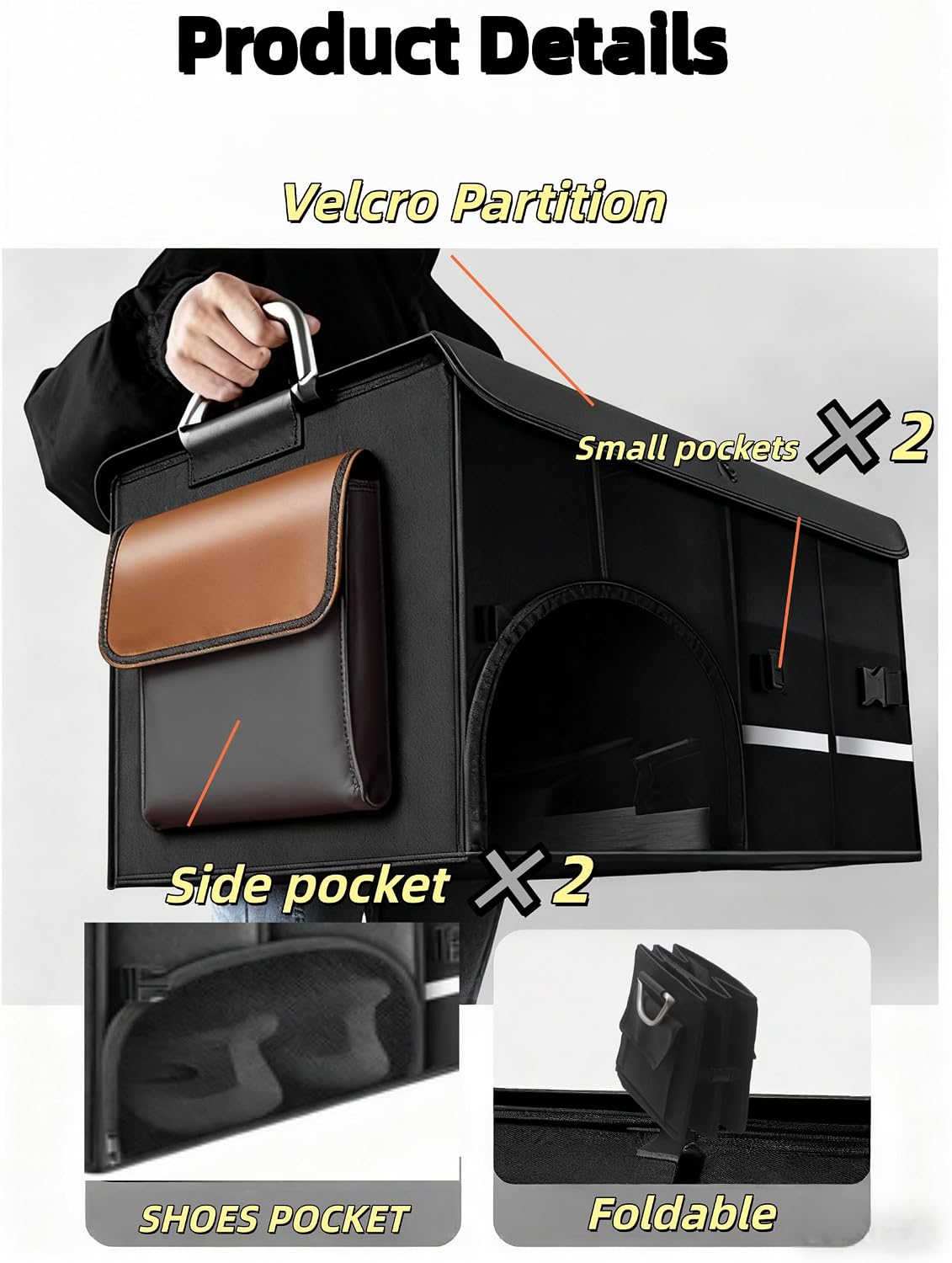 Car Trunk Organizer for SUV, Foldable Car Organizers and Storage with 4 Pocket, 72L Car Accessories with Shoes Compartments and Insulation Cooler Bag，Orange