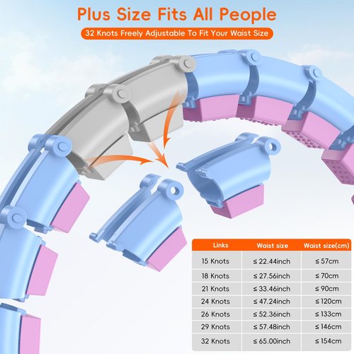 HCOIW Plus Size Silent Weighted Hula Infinity Fitness Detachable Hoops 65-Inch 32 Knot, Smart Noiseless Infinity Hula for Women, Waist and Abdominal Home Weight Loss Exercise Fit Hoop,Blue and Purple