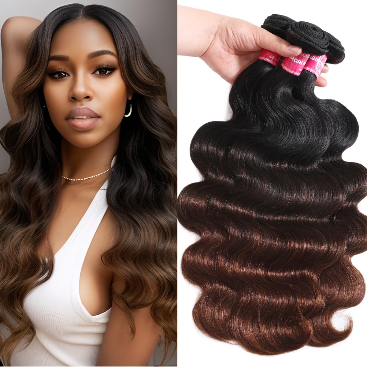 Unice Chestnut Brown Ombre Body Wave Human Hair Weave 3 Bundles 16 18 20 Inch Brazilian Remy Human Hair Wavy Sew In Human Hair E
