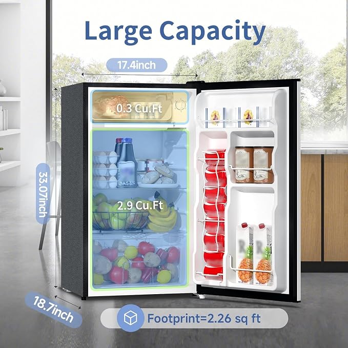 Mini Fridge with Freezer, 3.2Cu.Ft, Single Door Small Refrigerator, Energy-efficient, Low Noise, Mini fridge for Bedroom Dorm and Office, Black