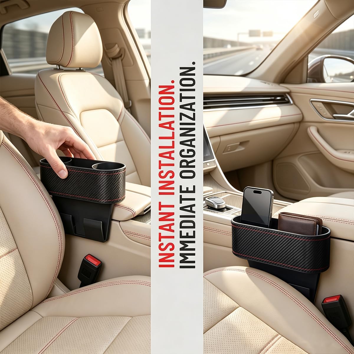 Car Seat Gap Filler Organizer, Vehicle Front Seat Side Storage Pocket with Cup Holder, Automotive Center Console Seam Filler Storage Box Accessories, Universal Fit (Carbon Fiber Black Red)