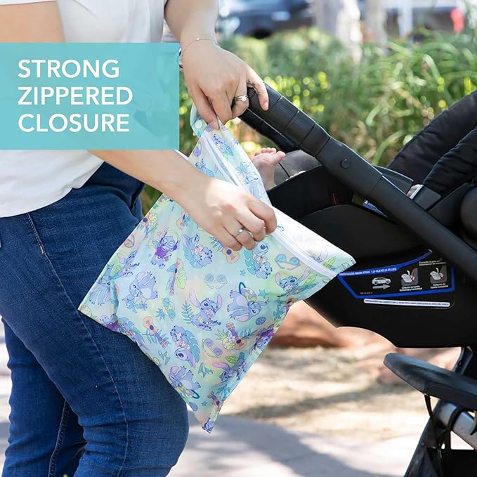 Bumkins Disney Waterproof Wet Bag for Baby, Travel, Swim Suit, Cloth Diapers, Pump Parts, Pool, Beach, Gym Clothes, Toiletry, Hook to Stroller, Daycare, Zipper Reusable Wetdry Packing Pouch, Stitch