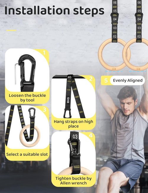 GHB Gymnastic Rings - Wooden 1.25" Gym Rings with Buckle & Carabiner - 2 Pack with Numbered Straps