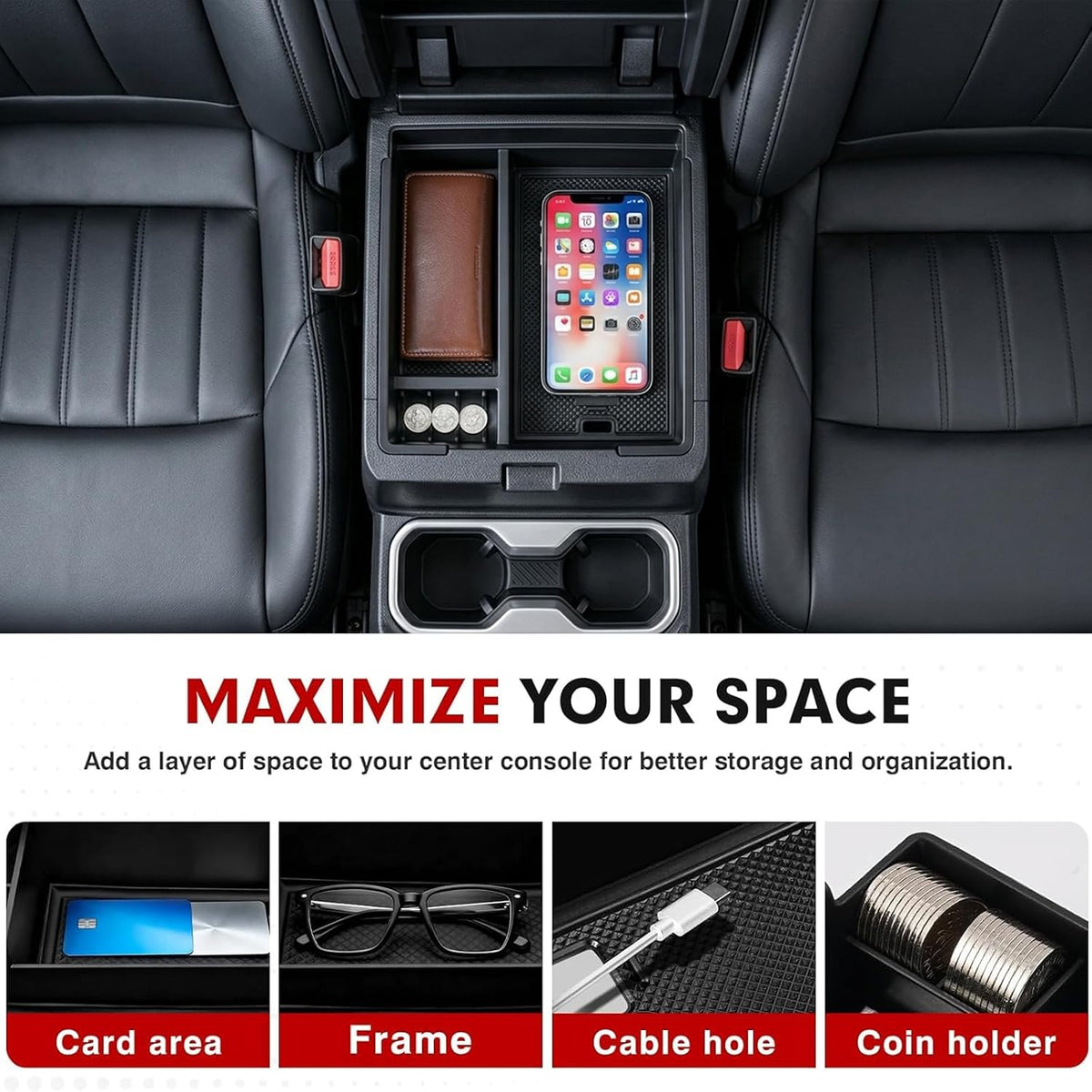 Autorder Center Console Organizer for 2024-2026 Toyota Tacoma Accessories - Armrest Storage Box Secondary Insert Tray with Black Non-Slip Silicone Mats