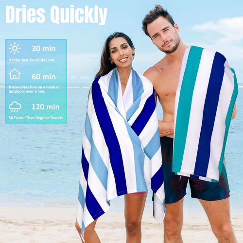 Cabanana Large Oversized Beach Towel - Quick-Dry Microfiber, Sand-Free, 35 x 70 Inch, Turquoise Striped Design