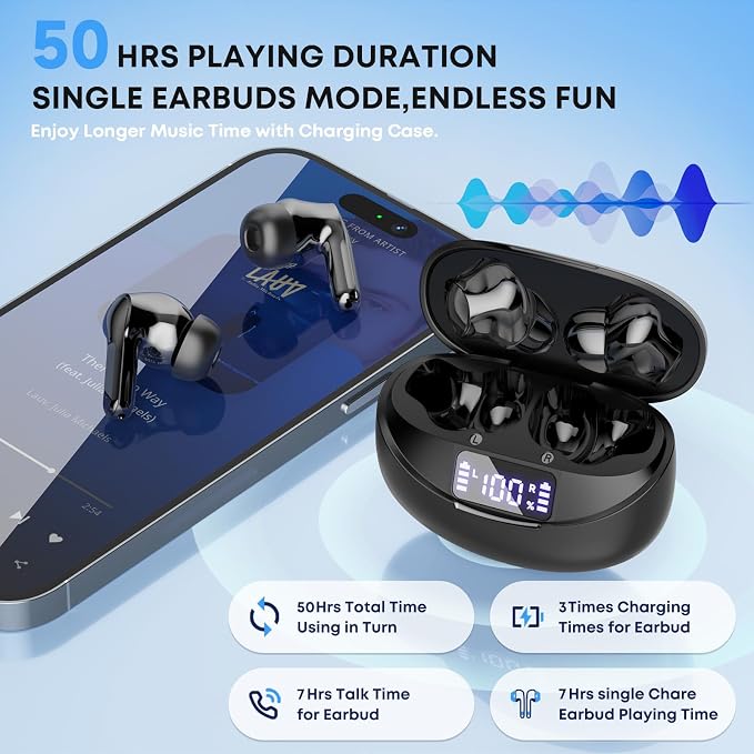 Wireless Earbuds Bluetooth 5.4 Headphones, Noise Cancelling Mic Ear Buds with 50H Playback, LED Digital Display, IPX7 Waterproof Earphones for Office/Running/Workout