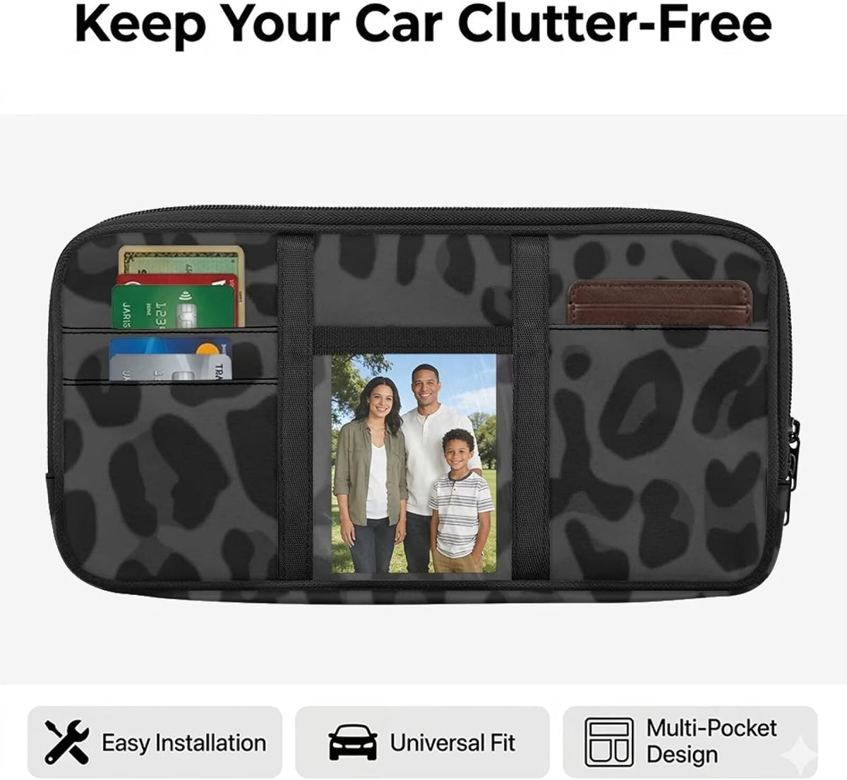 Flashideas Black Leopard Print Car Sun Visor Organizer with Large Zipper Pocket Car Sun Visor Storage Bag Cars Interior Accessories Fashion Install Fits Universal Size for Cars Trucks SUVs