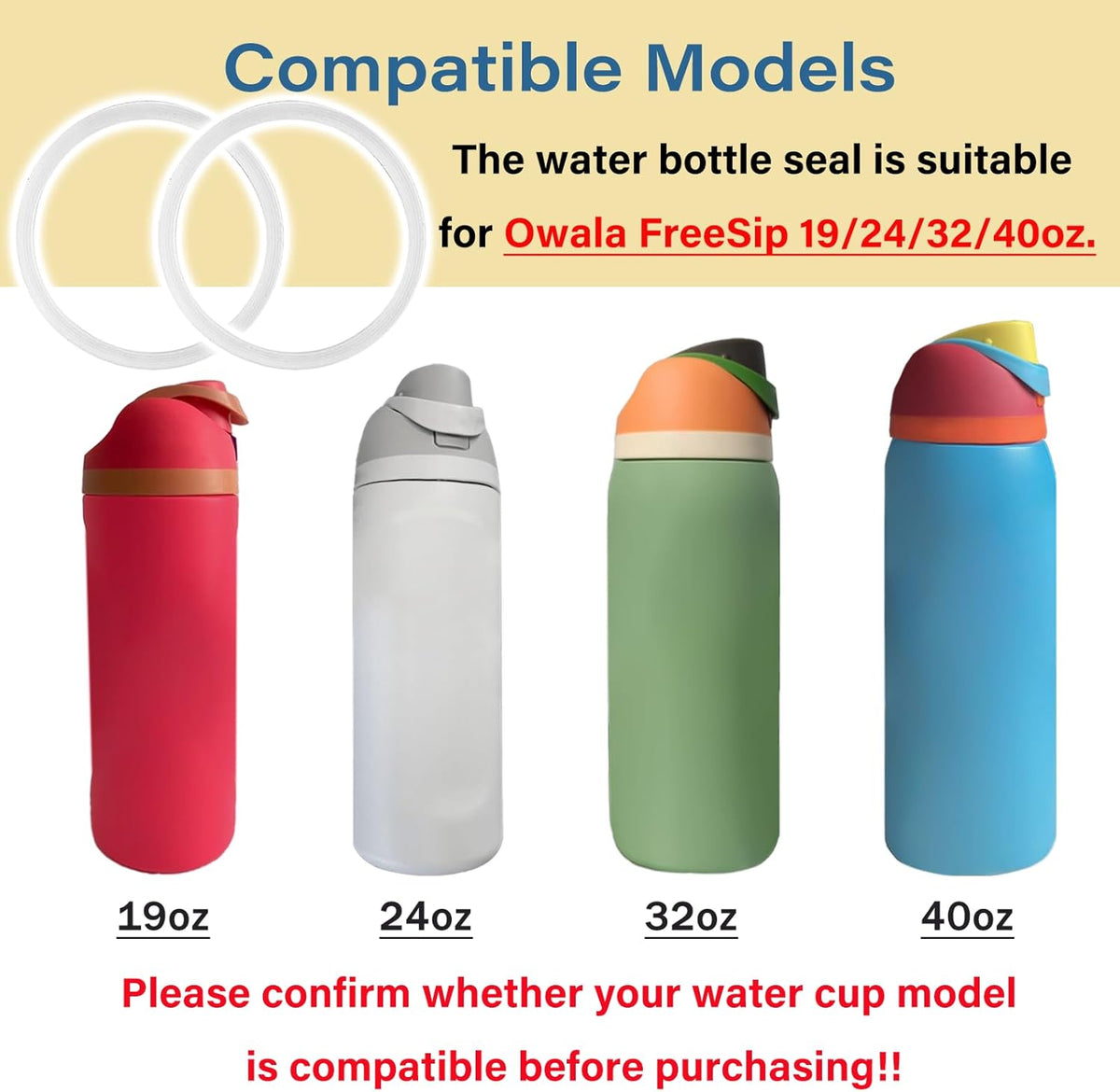 Owala | Water Bottle Gasket Replacement - 6 Silicone Lid Seals for FreeSip 19/24/32/40oz Cups