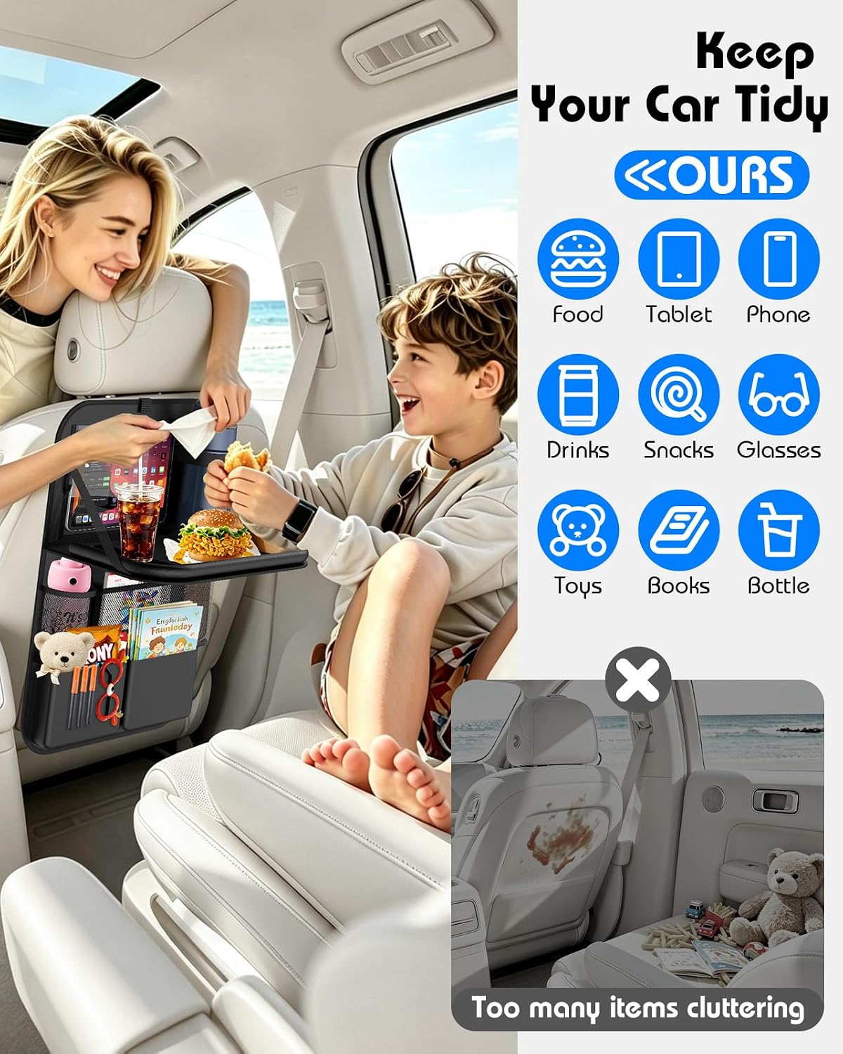 Car Backseat Organizer with Foldable Table Tray (2 Pack)