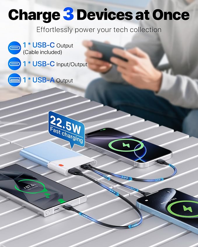 Aaoyun Portable Charger Power Bank, 10000mAh 22.5W PD Fast Charging Powerbank with Built-in USB C Cable, Slim External Phone Battery Pack for iPhone 17/16/15 Samsung S24 Android etc (Blue)