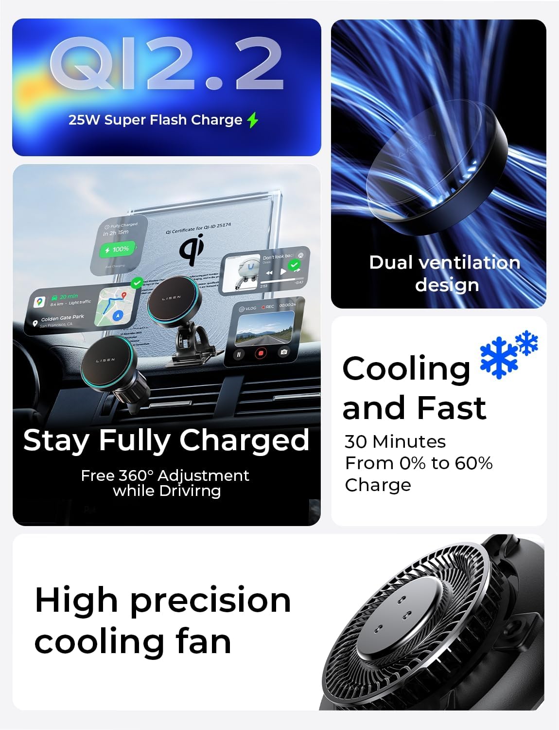 LISEN Qi2.2 MagSafe Car Mount Charger 25WFastcharging for iPhone 18 Pro Max