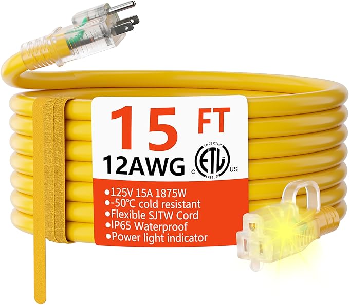 HUANCHAIN 12/3 Gauge Heavy Duty Outdoor Extension Cord 15 ft Waterproof with Lighted end, Flexible Cold-Resistant 3 Prong Electric Cord Outside, 15Amp 1875W 12AWG SJTW, Yellow, ETL