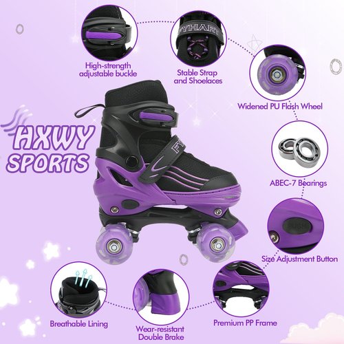 HXWY Kids Roller Skates for Boys Girls Child, Adjustable 4 Sizes Roller Skates for Adult and Youth with Light Up Wheels, Black Purple Patines para niñas for Outdoor Indoor Sports (Medium-Big Kid (1-4)