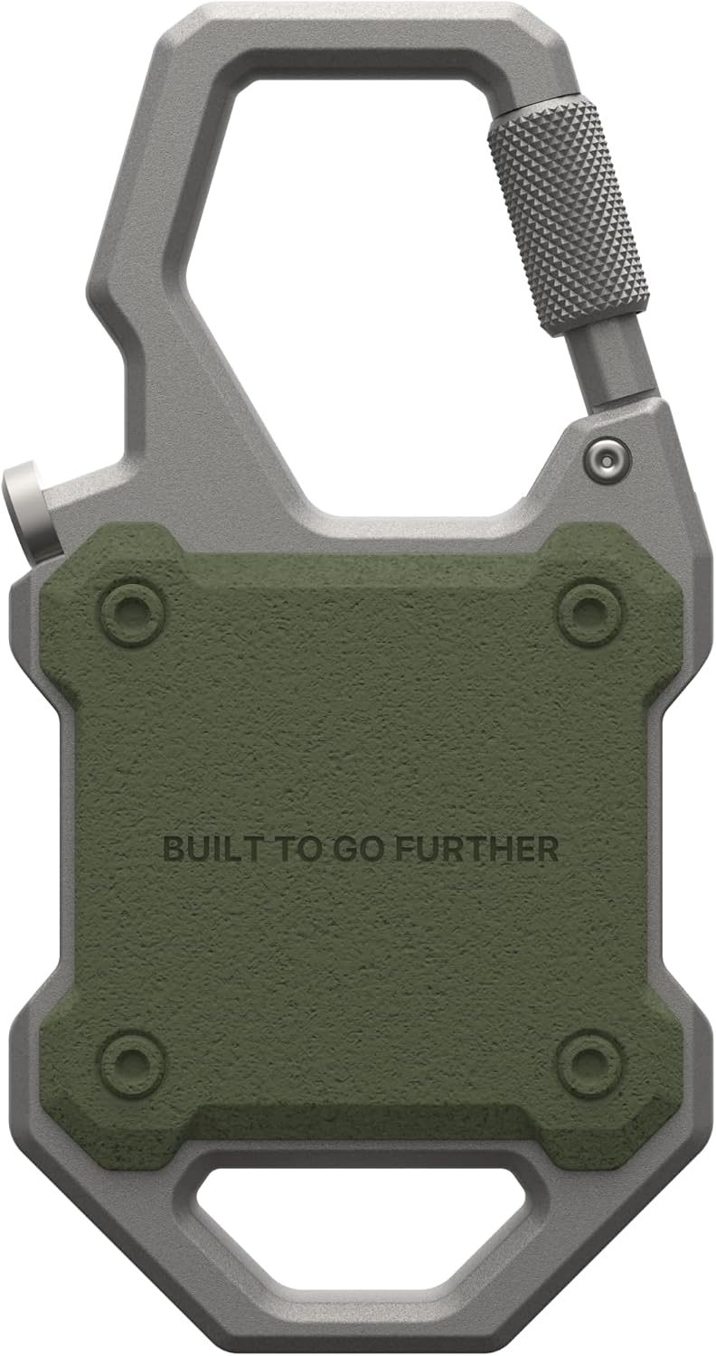 URBAN ARMOR GEAR UAG Designed for AirTag Case with Built-in Bottle Opener Monarch - Hard Shell Lock Case AirTag Holder with Durable Locking Carabiner for Keys, Luggage & Bags, Olive Drab/Silver