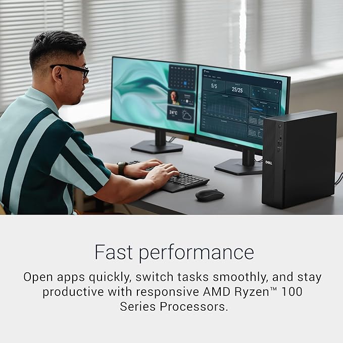 Dell Slim Desktop, AMD Ryzen 5 150, 16GB RAM, 512GB SSD, Windows 11 Home | AMD Radeon 660M, Wi-Fi 6, Bluetooth, Dell Wired Keyboard, McAfee+ Premium 30-day trial, Mail In Service 15-Month Warranty