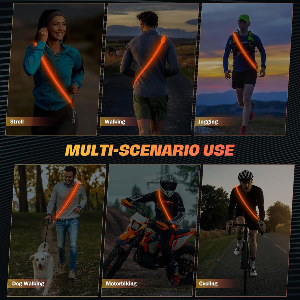 Skiennix Reflective Walking Gear - USB Rechargeable LED Sash for High Visibility Night Safety | Ideal for Jogging & Biking