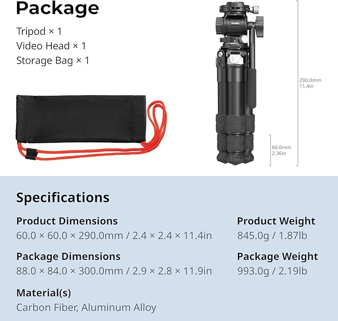 SmallRig Portable Carbon Fiber Tabletop Tripod Kit, Built-in QR Plate