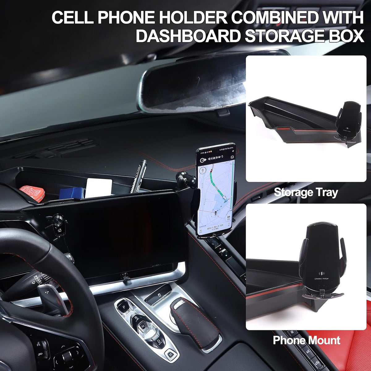 for Corvette C8 Center Console Tray Phone Holder Mount Organizer,360 Degree Rotatable Phone Holder Stand Navigation Screen Rear Storage Box Organizer Tray for Corvette C8 2020-2024 2025 (Style B)