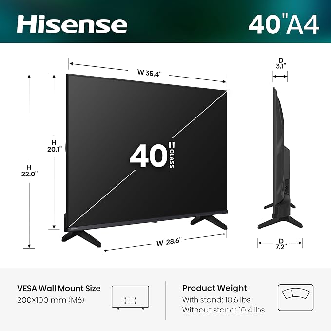 Hisense 40" Inch A4 Series FHD 1080p Smart VIDAA TV (40A4NV, 2026 NEW) - Full Array LED, DTS Virtual: X, Noise Reduction, AI Sports Mode, Works with Alexa, Apple Airplay & Apple Home, Slim Bezel
