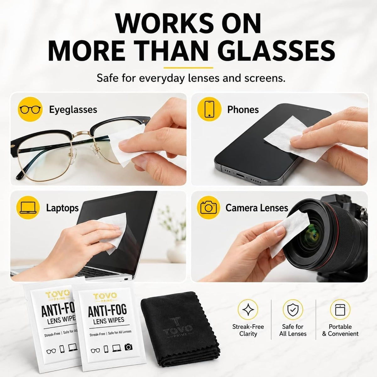 Lens Wipes for Eyeglasses, 200 Count Eye Glasses Cleaner Wipes, Pre-Moistened Individually Wrapped Glasses Cleaner Wipes, Anti Fog Streak-Free Lens Cleaning Wipes for Sunglasses & Screens