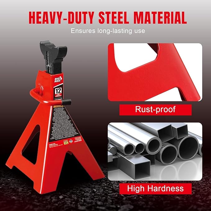 Big RED 12 Ton Jack Stands with Lock Adjustable Height to 28.15'',Heavy-Duty Car Jack Stands Fit for Cars, SUVs, and Most Automobiles, Red, 2 Pack