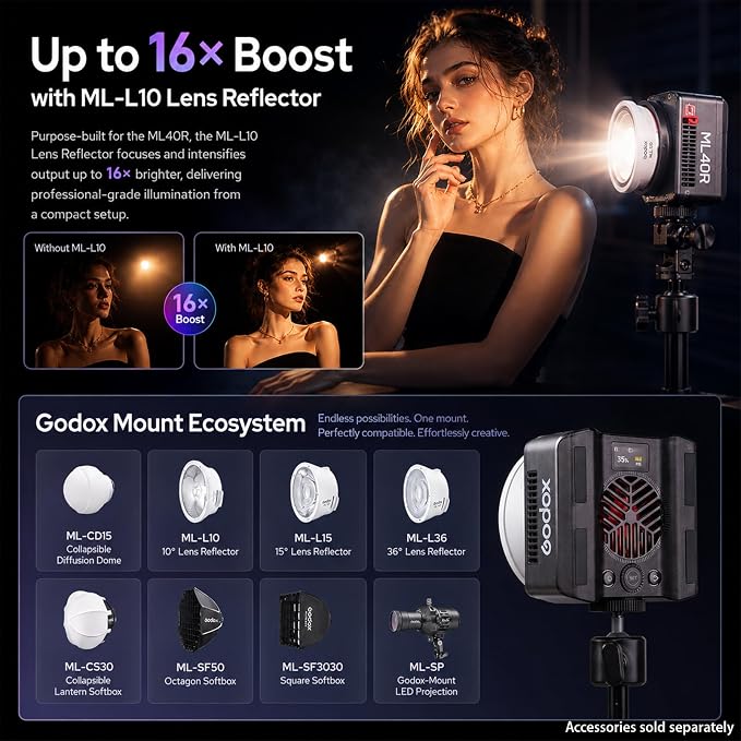Godox ML40R RGB LED Video Light, Portable COB Photography Light