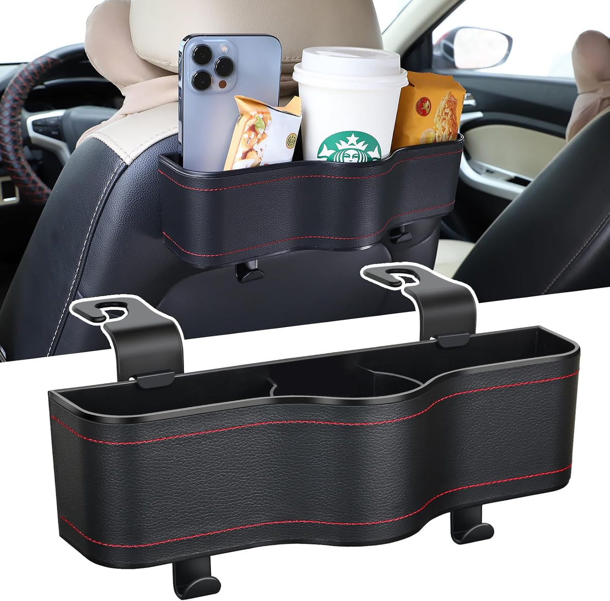 Backseat Car Organizer with Cup Holder &Headrest Hooks, Premium Leather-1PC