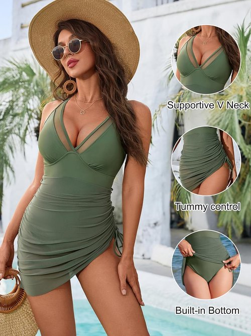 Blooming Jelly One-Piece Swim Dress - Tummy Control & Slimming Mesh Sheer Sarong Wrap | Stylish Bathing Suit