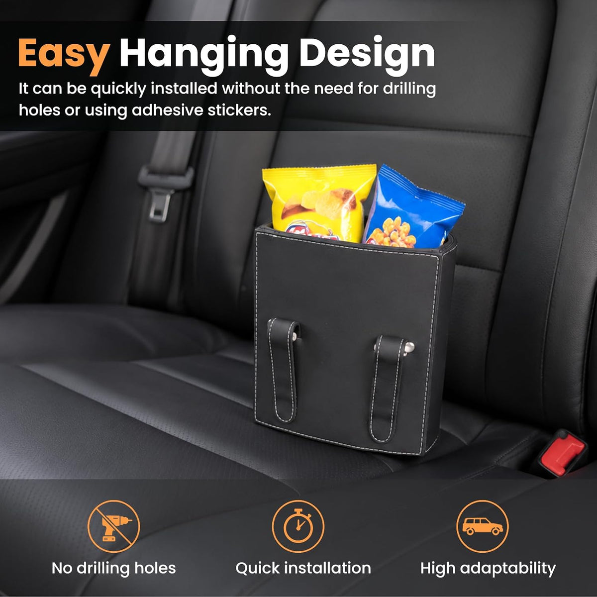 Car Trash Can,Leakproof Leather Car Garbage Can with Hanging Hooks,Waterproof Automotive Trash Bin,Portable & Multi-Purpose Vehicle Garbage Cans for Cars,SUV & Truck,Easy to Clean (Black)