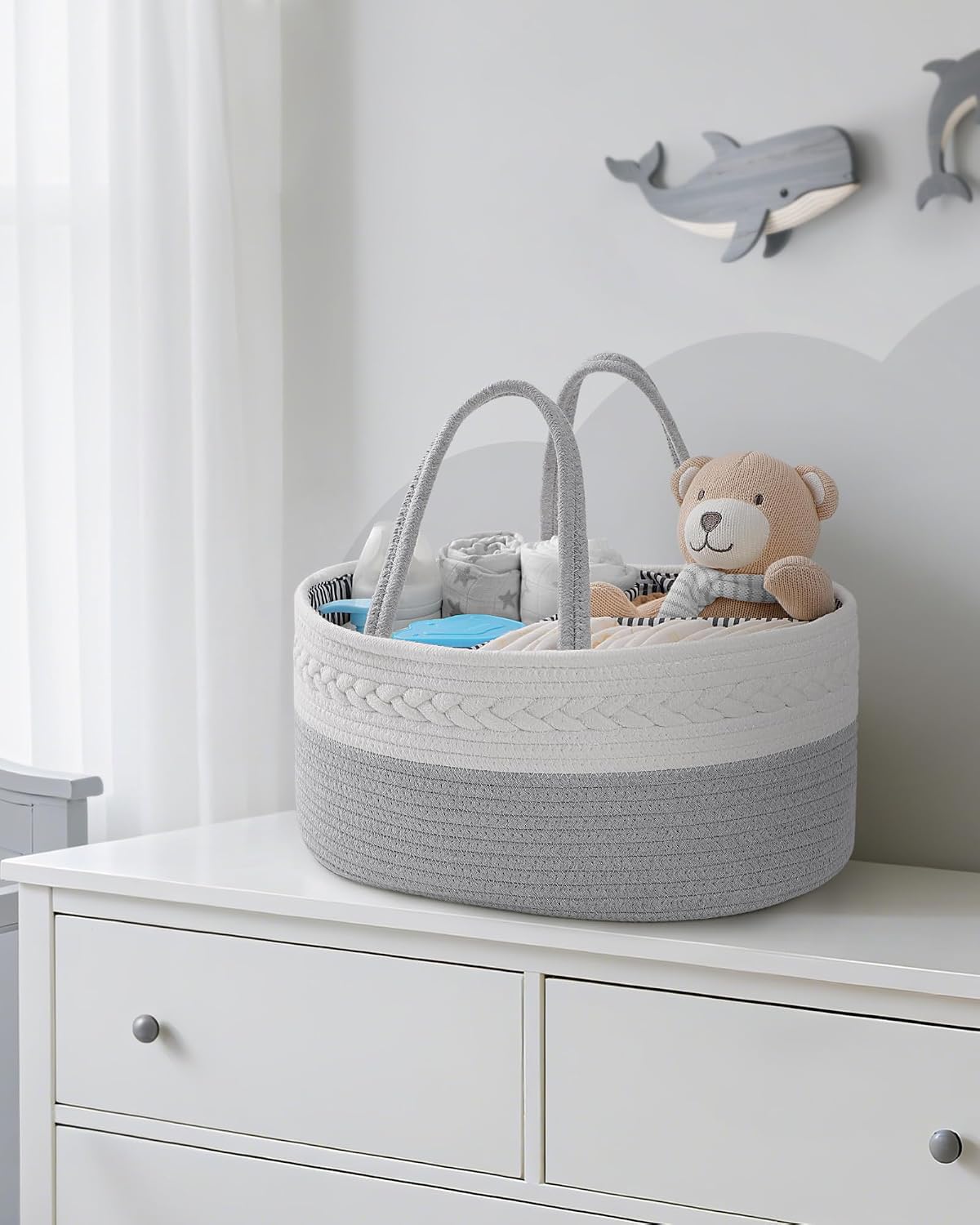 Maliton Diaper Caddy Organizer for Baby Boy- Cotton Rope for Changing Table, Nursery Storage, Newborn Baby Must Have Items