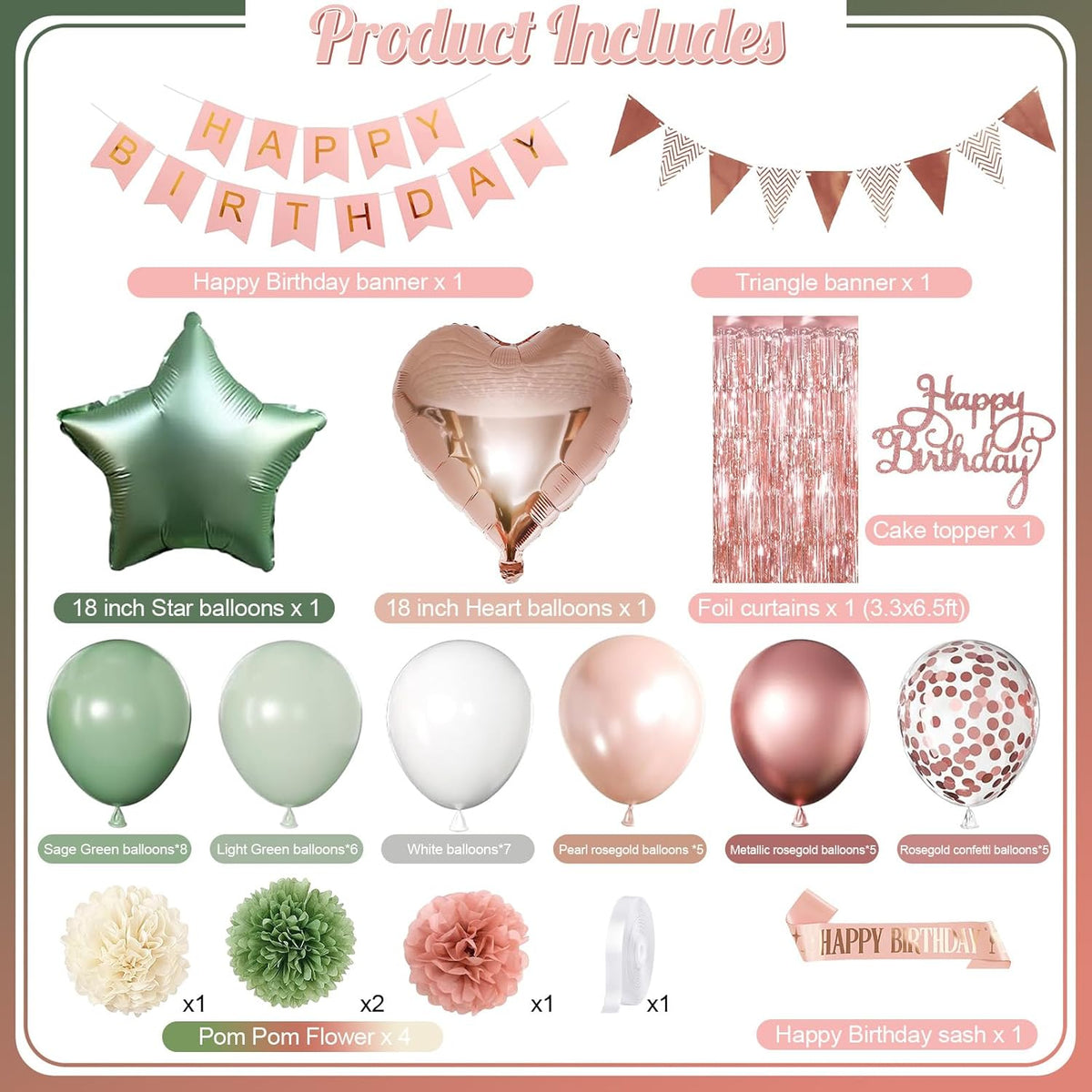 Regine Switzerland Birthday Decorations - Retro Rose Gold & Sage Green Party Décor Set | Balloons, Banners & More