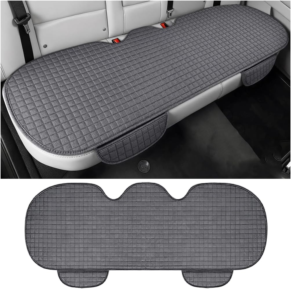 Car Back Seat Cover, Linen Breathable Vehicle Rear Bottom Bench Seat Protector with Storage Pocket, Anti-Slip Comfortable Long Automotive Rear Chair Cover, Universal for Vehicles (Gray)