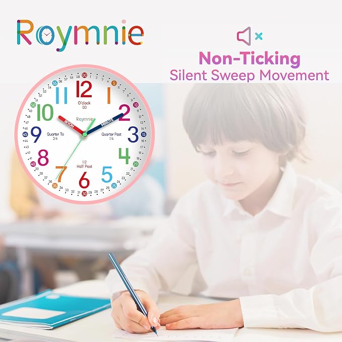 Roymnie Wall Clock 8 Inch for Kids Learning to Tell Time Easily Non Ticking