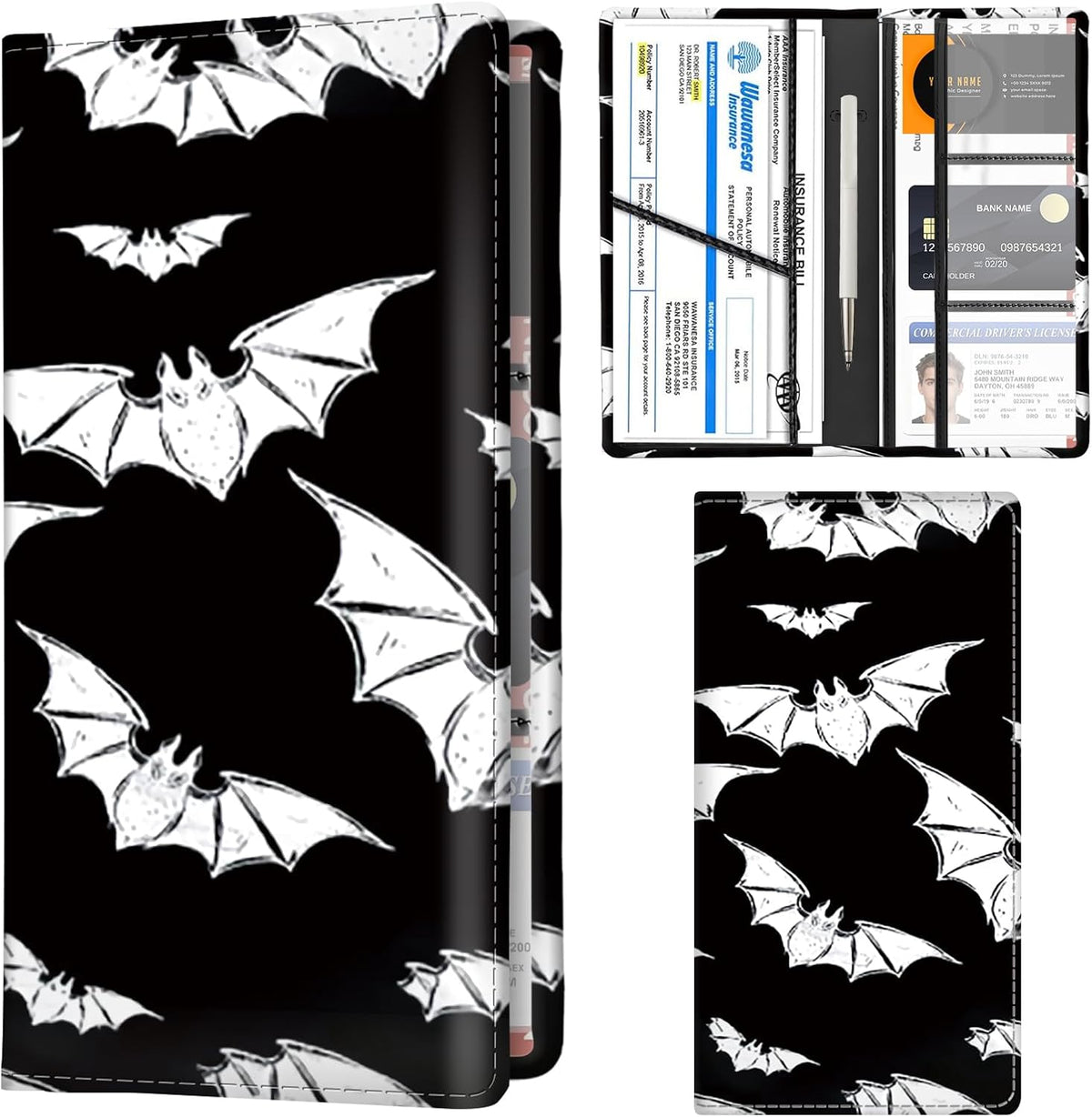 Car Registration and Insurance Holder with Magnetic Shut, Cute Vehicle Glove Box Car Organizer, Premium Interior Car Accessories for Women Men Black White Bats
