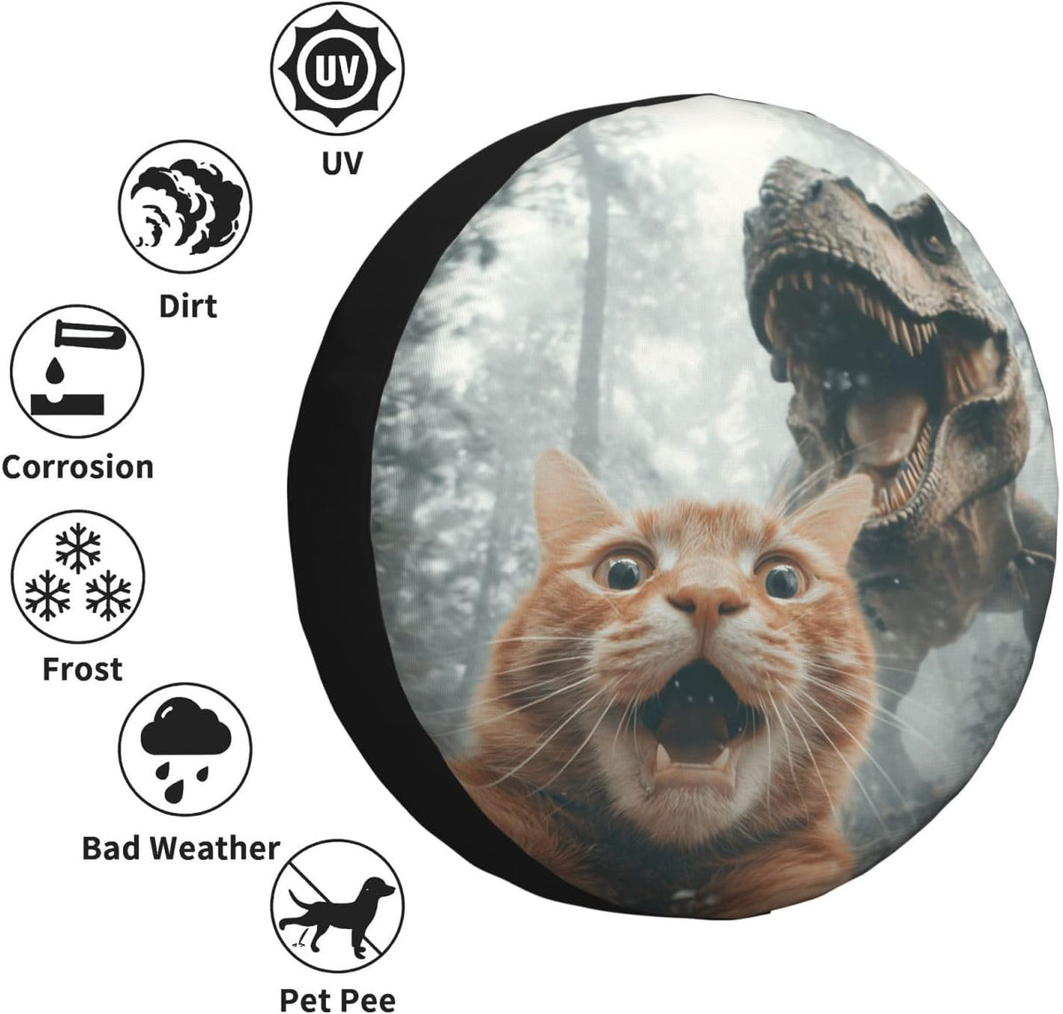 Cat Selfie with Dinosaur Spare Tire Cover Waterproof Wheel Cover 15 Inch Universal Fit for Jeep Trailer Rv SUV Truck Uv Protection Dustproof Tire Cover Outdoor Travel Camping Gift