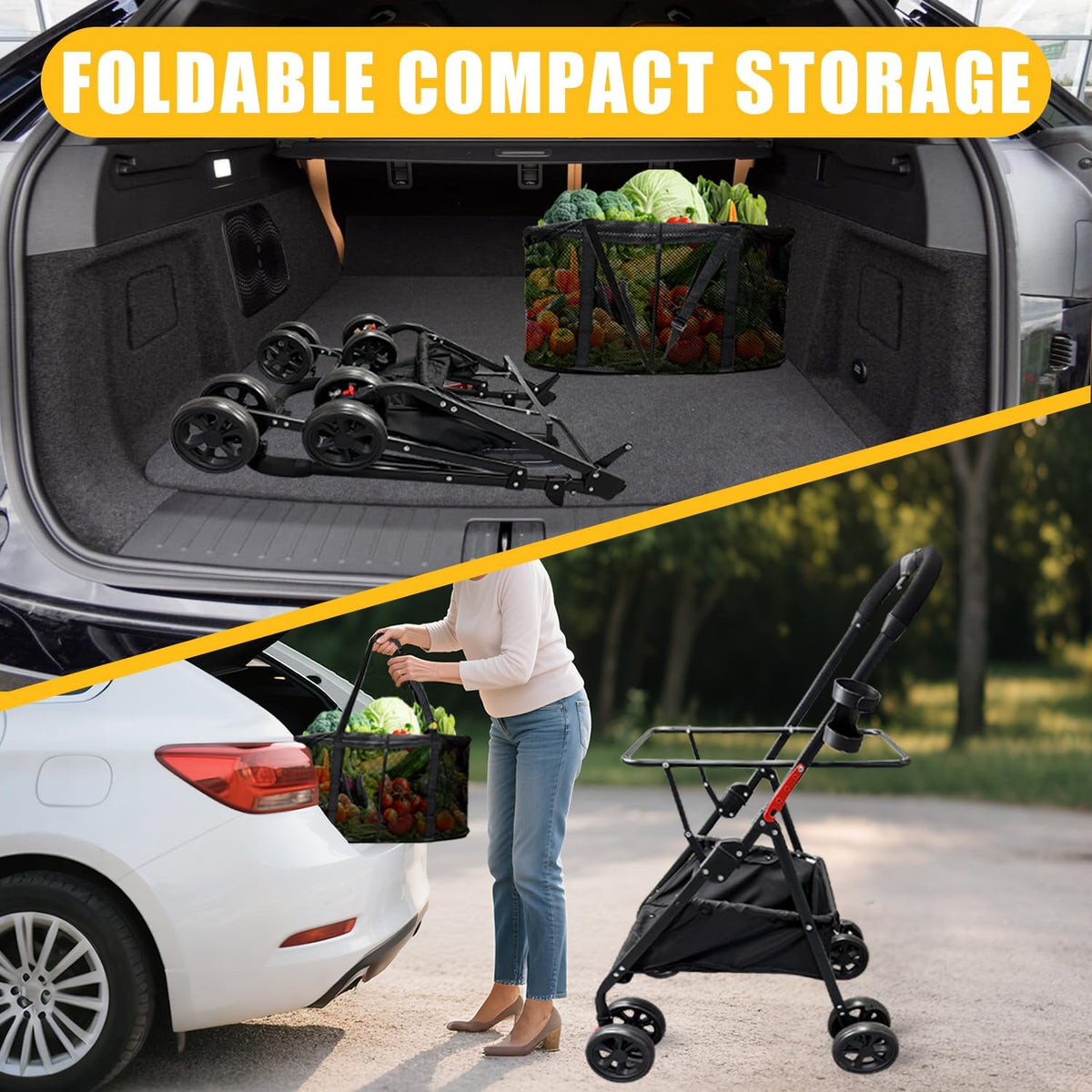 Folding Shopping Cart with Wheels, 80lbs Capacity Shopping Carts for Groceries, Detachable Baskets & 360°Swivel Wheels Collapsible Shopping Carts with Double Basket for Laundry, Camping, Transport