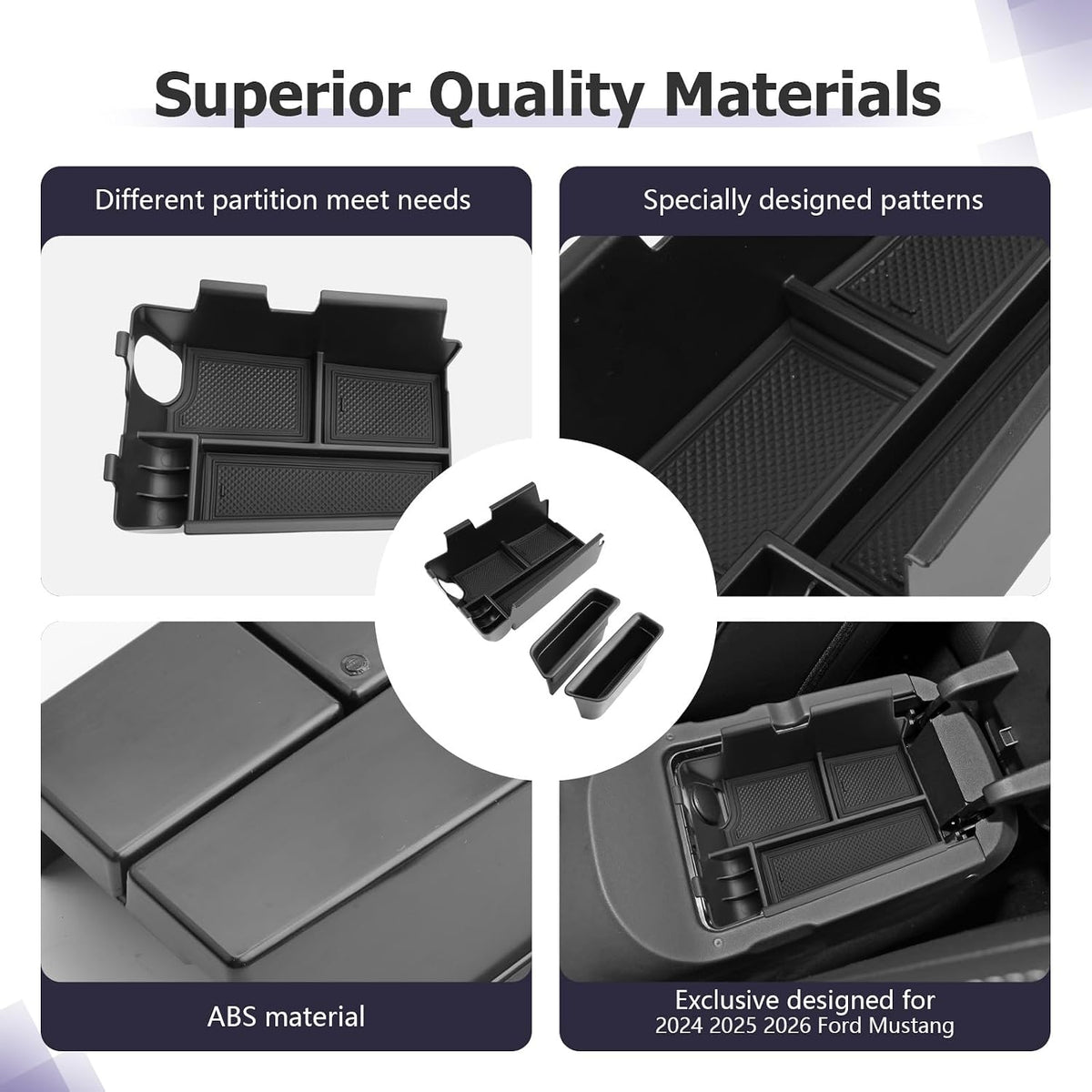 LUWU 3PCS 2025 2026 Mustang Center Console Organizer Compatible with Ford Mustang 2024 2025 2026 Accessories Armrest Console Storage Box Insert Tray Door Side Tray ABS Material Coin Container Black