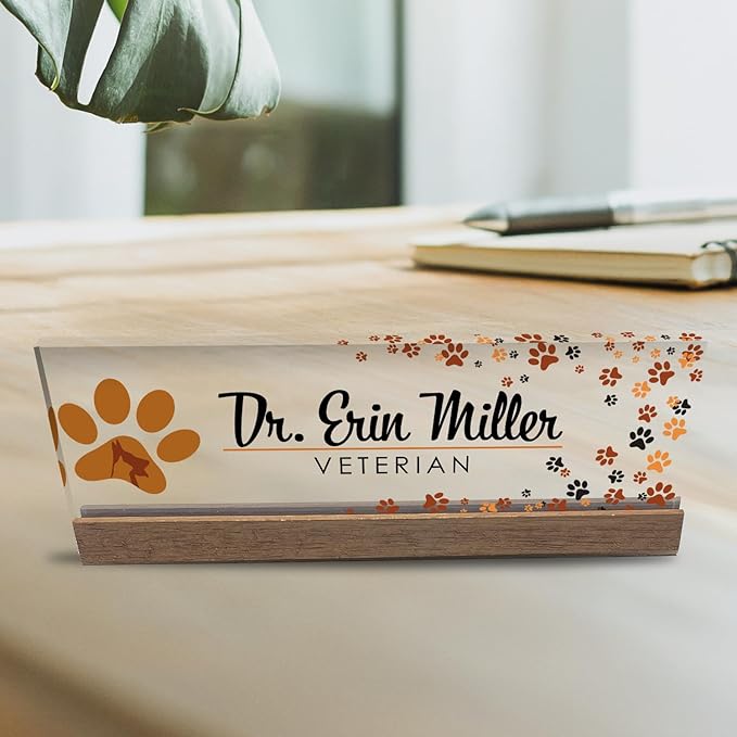 Artblox Personalized Office Desk Name Plate and Business Card Holder | Clear Acrylic Glass with Teak Wood Stand | Vet Animal Design Customized with Your Name and Credentials Office Desk Décor