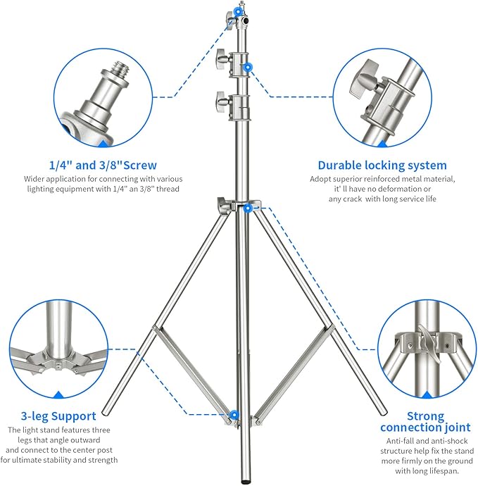 NEEWER 118"/3m Stainless Steel Light Stand, Spring Cushioned Heavy Duty