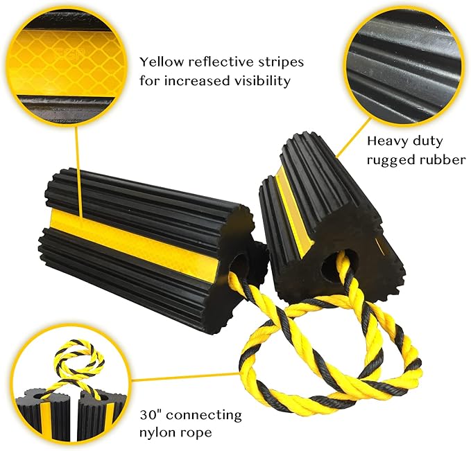 HOXWELL 2 Pair Rubber Heavy Duty Dual Wheel Chocks Front and Back, RV Leveling Blocks Non Slip Base with Nylon Rope Yellow Reflective Tape for Travel Trailers, Car, Camper, Truck (4 Pack)