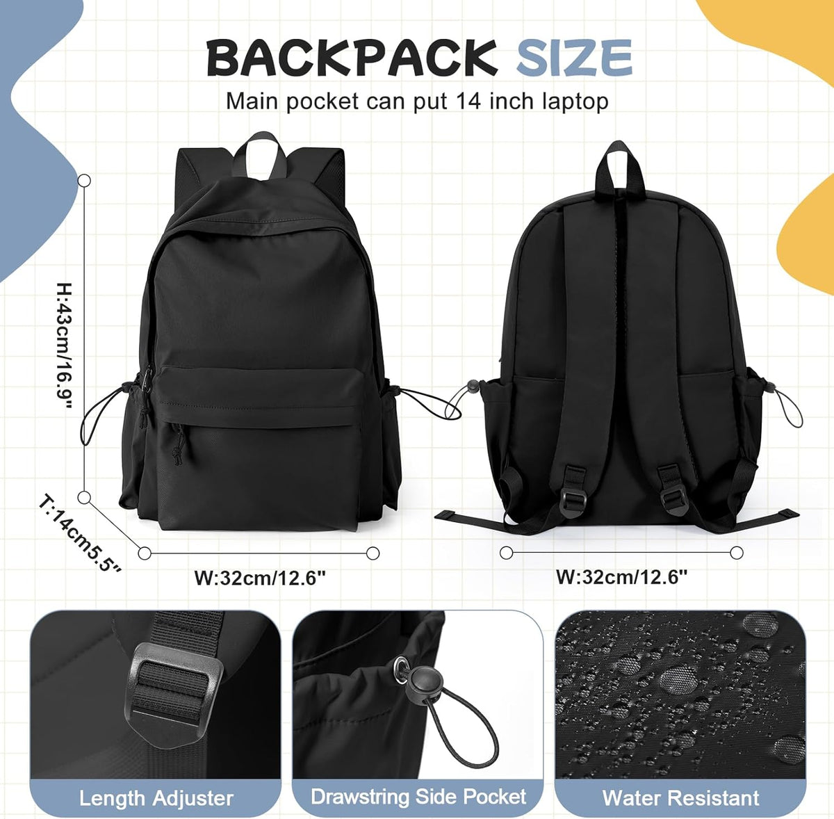 PAUBACK Black School Backpack - Waterproof Lightweight Book Bag for Girls, Teens & Women