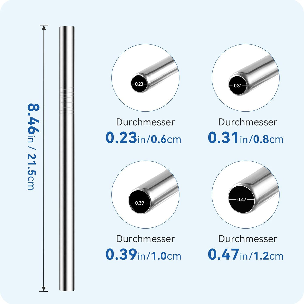 Skiennix 4-Pack Stainless Steel Straw Set - Reusable & Dishwasher Safe - 215mm Length, Multiple Diameters (Black)
