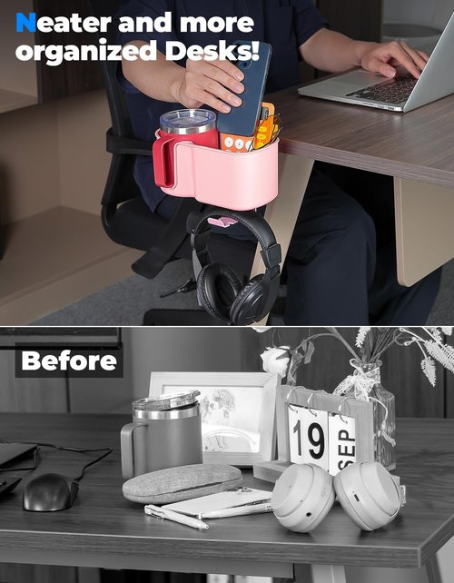 KEMIMOTO Desk Cup Holder with Headphone Hanger, 2 in 1 Caddy Organizer for Office Table, Lawn Chair, Golf Cart, Pontoon Boat, Fit for Most 18-32 oz Bottles