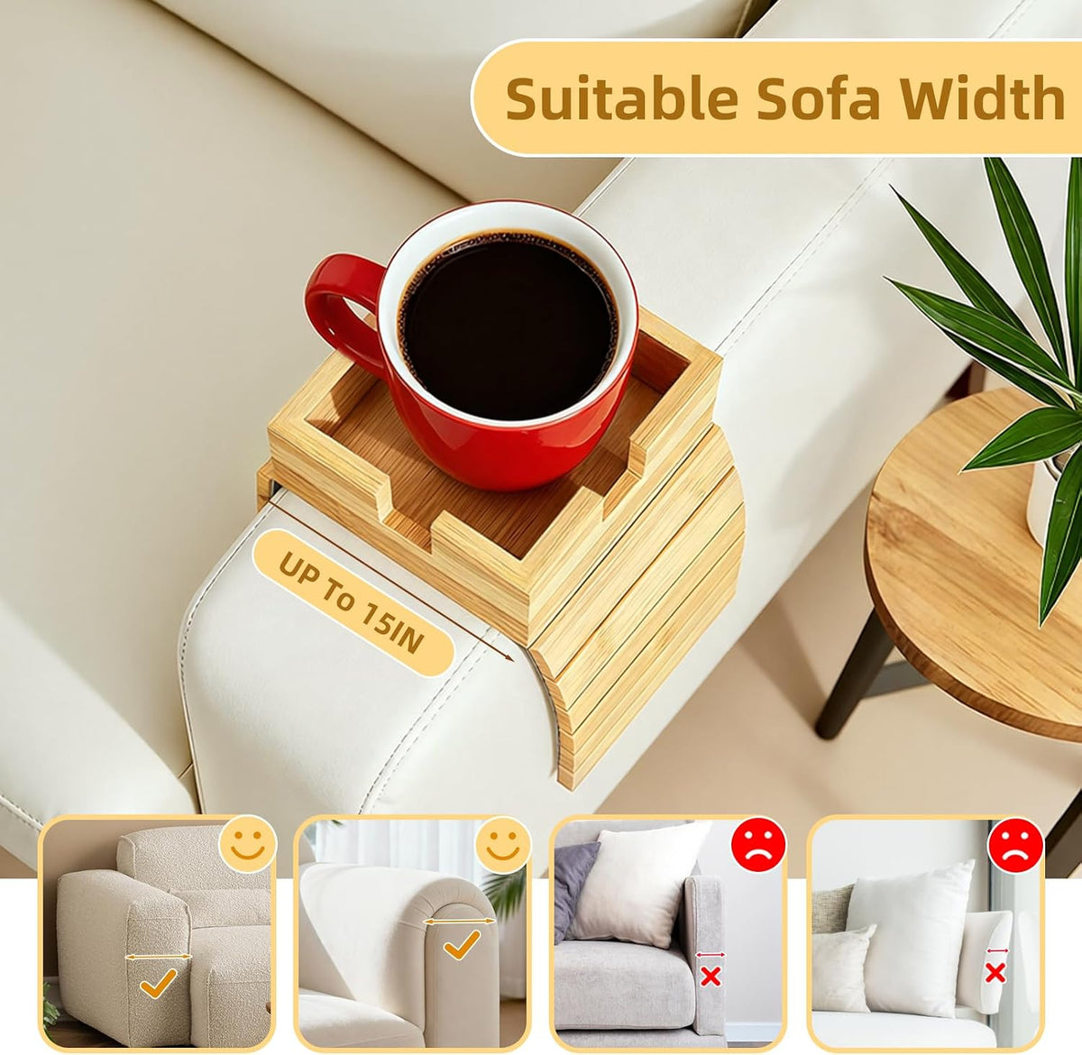 Bamboo Couch Cup Holder – Non-Slip Armrest Tray for Recliner & Loveseat – Large Caddy for Drinks, Cell Phone, and TV Remote(Large)