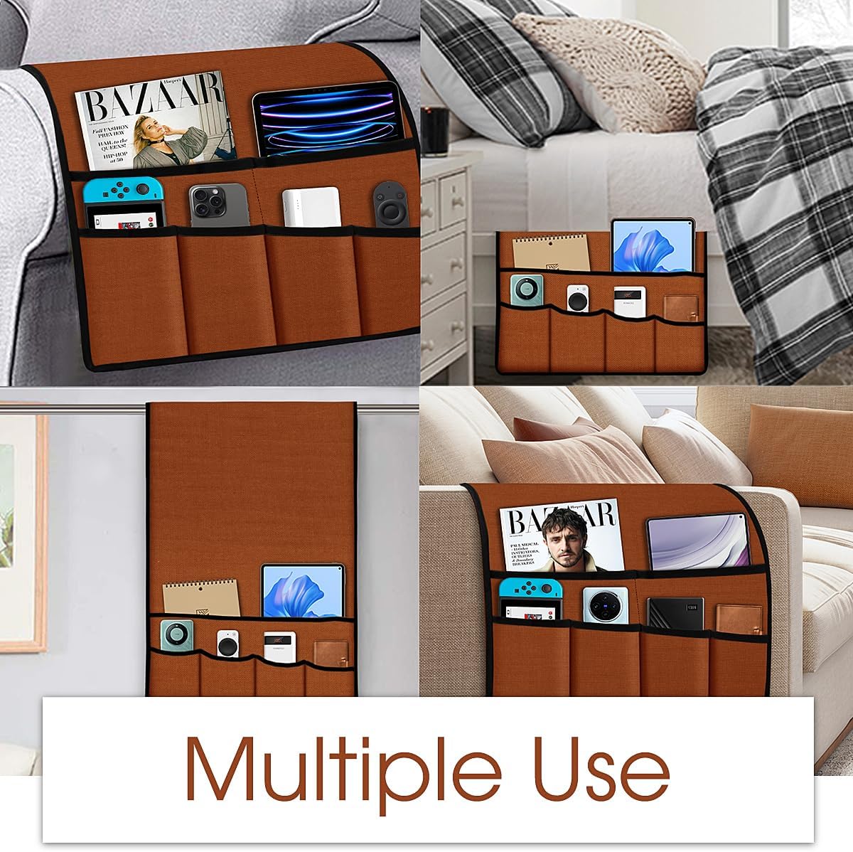 Joywell Linen Armchair Caddy Remote Control Holder for TV Recliner 6 Pocket Storage Organizer Sofa Armrest Caddie Magazine Phone iPad Storage Recliner Remote Holder for Snakes, Terracotta