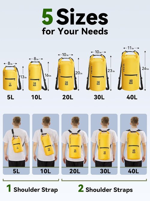 HEETA Waterproof Dry Bag - Lightweight Roll Top with Front Zippered Pocket | 5L/10L/20L/30L/40L for Travel, Kayaking & Camping